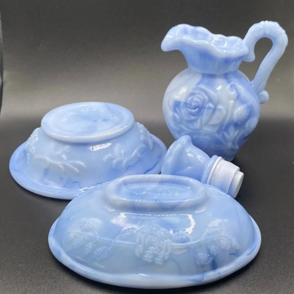 Vintage Avon Opalescent Blue Rose Scented Water Pitcher and Basin Set May 1978